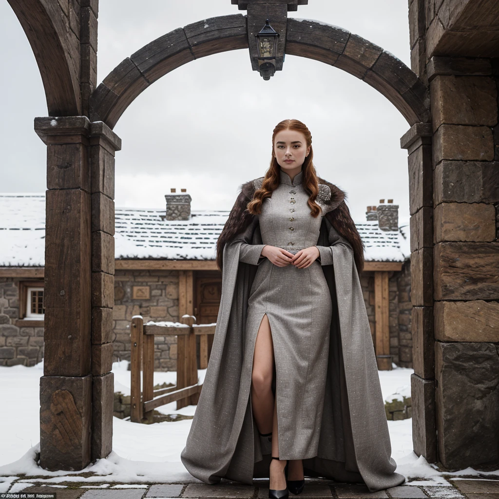 a model posing in the Castle of Winterfell from the TV show "Game of Thrones." The setting should include the distinctive architectural elements of Winterfell, such as its stone walls, ancient wooden doors, and snowy surroundings. The model should be wearing the Lady's suit that Sophie Turner (Sansa Stark) wore during Season 7 of the show. This outfit includes a long, dark, elegant gown with intricate detailing and fur accents. The model's pose should be regal and confident, capturing the essence of a noble lady in the North