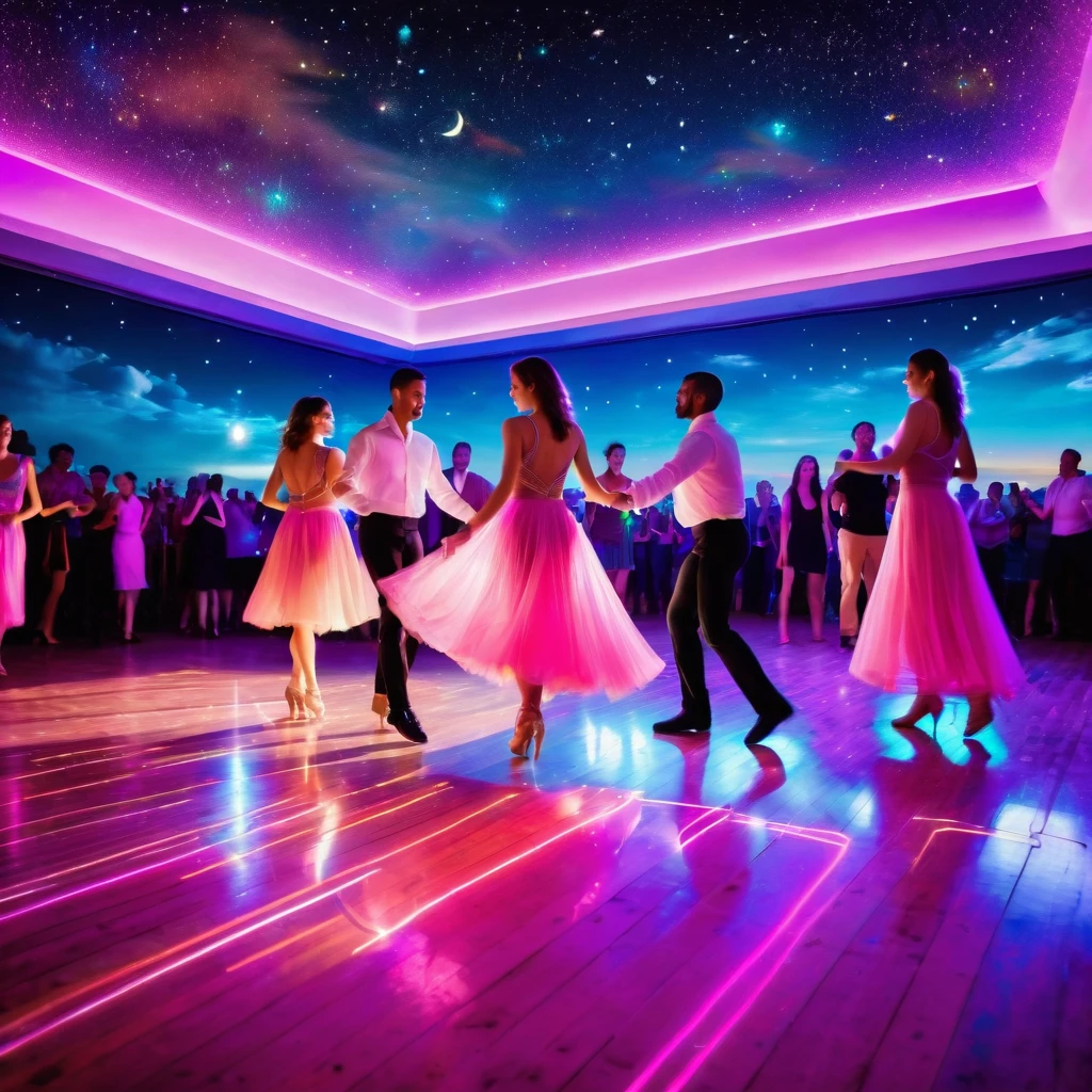 An open-air dance floor, illuminated by soft, colorful lights, with neon lights, a night sky full of bright stars, with the moon illuminating the scene. The stars should be a little out of focus to give a glow and magic effect, People dancing freely, dark blue tones of the night sky contrasting with neon lights in pink, purple and light blue, Small reflections of light on the dancers' clothes and on the floor from the dance floor, suggesting movement and vivacity