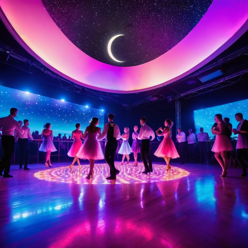 An open-air dance floor, illuminated by soft, colorful lights, with neon lights, a night sky full of bright stars, with the moon illuminating the scene. The stars should be a little out of focus to give a glow and magic effect, People dancing freely, dark blue tones of the night sky contrasting with neon lights in pink, purple and light blue, Small reflections of light on the dancers' clothes and on the floor from the dance floor, suggesting movement and vivacity