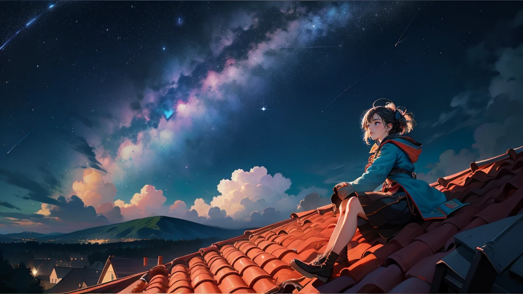 Girl sitting on roof,night,Shining Milky Way(A meteor crosses),Panoramic View,Scenic horizon,Look up at the viewpoint,roof,A breeze in the wind,8K high definition art,Best image quality。