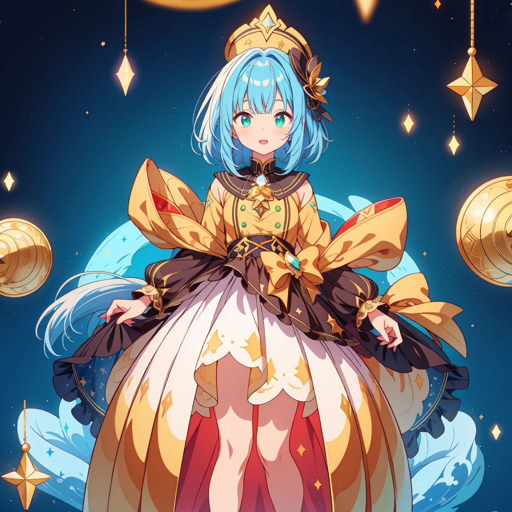 1girl、Standing in front of the viewer、Original, unique and cute hairstyle、Star Fairy、Star incarnation、Character design front view、A picture facing the viewer、Gothic clothing in black and gold、The hat is round, distinctive and cute.、(((Super detailed、Highest quality、Masterpiece)))、Original cute hairstyle、Milky white and blue hair color、Simple Green Background、vtuber-fullbody,