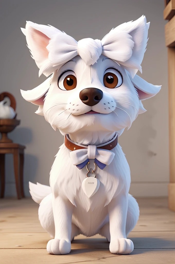 Create the image of a dog with white fur and a realistic bow on its head