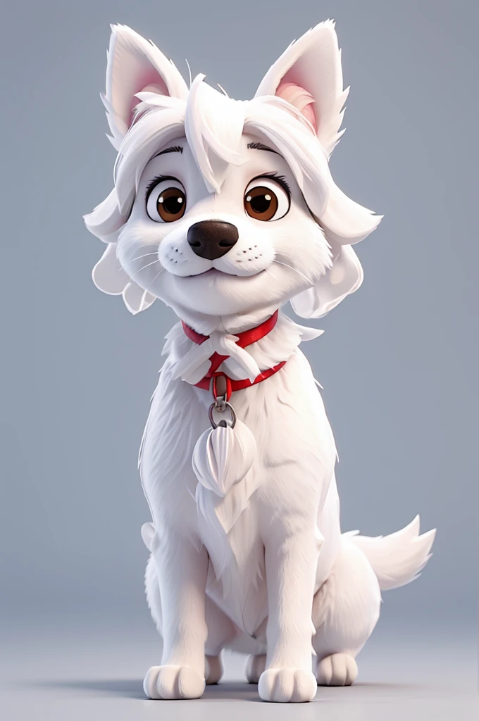 Create the image of a dog with white fur and a realistic bow on its head