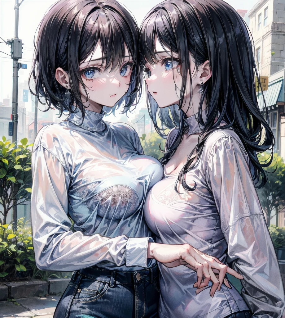 absurdres, RAW photo, extremely delicate and beautiful, masterpiece, Best Quality, ultra high resolution, 32k, hyperrealistic, ultra-detailed, detailed description, perfect anatomy, pale skin, 20 years old, detailed beautiful face and eyes, tearful mole, earring, short medium hair, wavy hair, whole body shot, big tits, yuri, ((2 girls)), plain white shirt,denim shorts, outdoor,