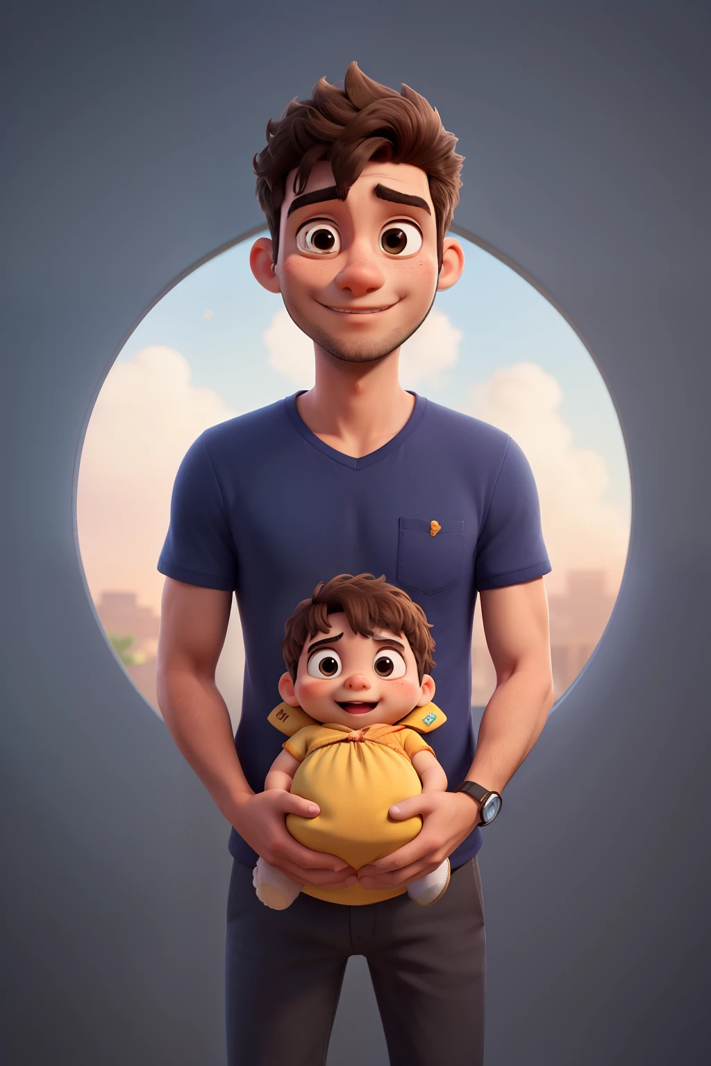 Illustration images for a storybook of a young Brazilian father with his newborn daughter
