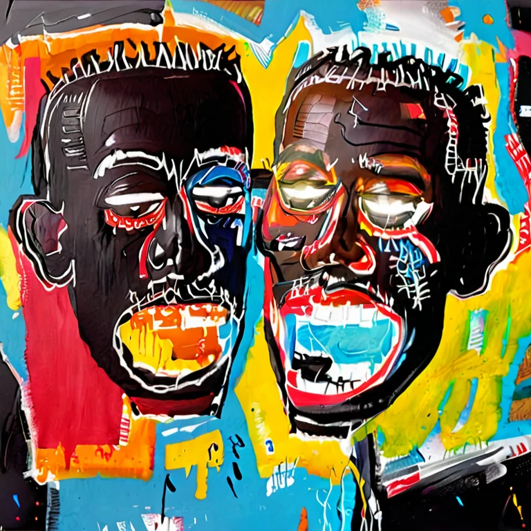 b4sq close up portrait of a 2 black mens faces, visible paint thickness and brush strokes, vibrant colors, DJs