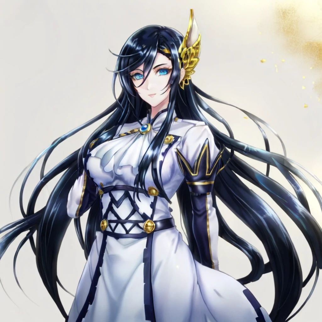 anime artwork a  full body tall woman in a white dress, long black hair, golden head ornament, detailed eyes . anime style, key visual, vibrant, studio anime,  highly detailed