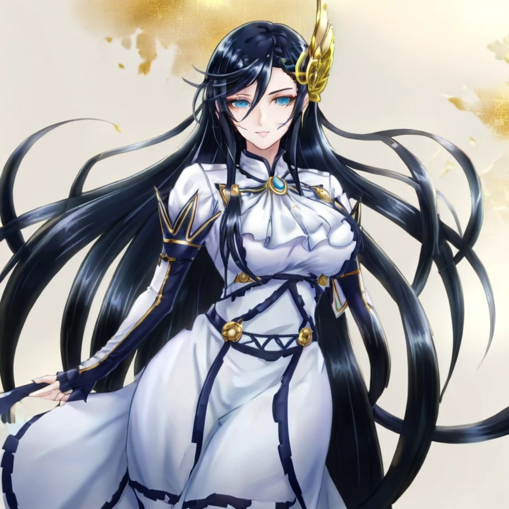 anime artwork a  full body tall woman in a white dress, long black hair, golden head ornament, detailed eyes . anime style, key visual, vibrant, studio anime,  highly detailed