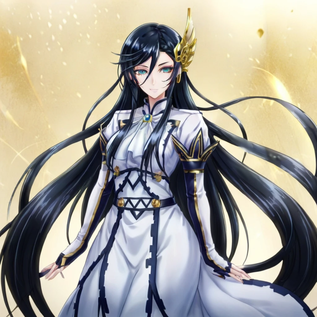 anime artwork a  full body tall woman in a white dress, long black hair, golden head ornament, detailed eyes . anime style, key visual, vibrant, studio anime,  highly detailed