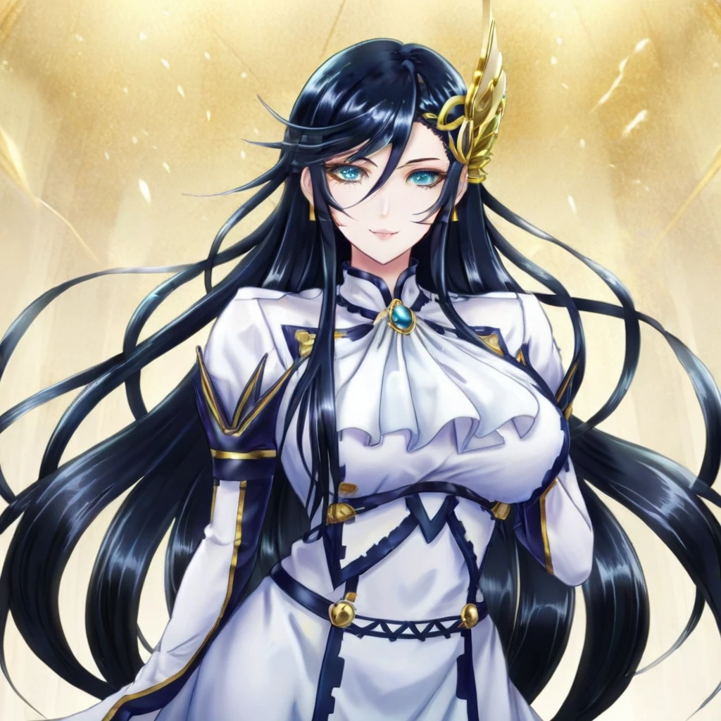 anime artwork a  full body tall woman in a white dress, long black hair, golden head ornament, detailed eyes . anime style, key visual, vibrant, studio anime,  highly detailed