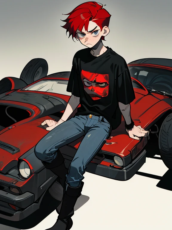17-year-old male adolescent, height 1.70 red hair, a little long, tired gray eyes and a serious and cold face, wearing old blue jeans, a black t-shirt and old black boots.