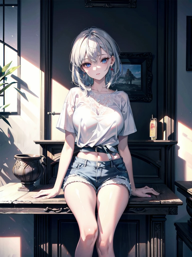 absurdres, RAW photo, extremely delicate and beautiful, masterpiece, Best Quality, ultra high resolution, 32k, hyperrealistic, ultra-detailed, perfect anatomy, super Detailed skin, perfect figure, Super Beauty, Perfect Style, Perfect balance, Beautiful Lighting, Perfect Lightning, Realistic Shadows, 20 years old, very Slim body, narrow waist, very small head, very small face, delicate facial features, handsome detailed woman, very detailed eyes and face, realistic face proportions, Realistic beautiful face, Realistic beautiful eyes, tearful mole, earring, very huge round breasts, legs, medium hair, asymmetrical hair, whole body shot, indoor, yuri, 2 girls, plain white shirt, denim shorts,
