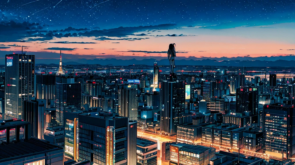 octans, sky, star (sky), scenery, starry sky, night, 1girl, night sky, solo, outdoors, building, cloud, sitting, tree, long hair, city, silhouette, cityscape,City from a distance, tokyo, city billboard, the sky,20 year old sexy girl　From the roof of the building　Many buildings
