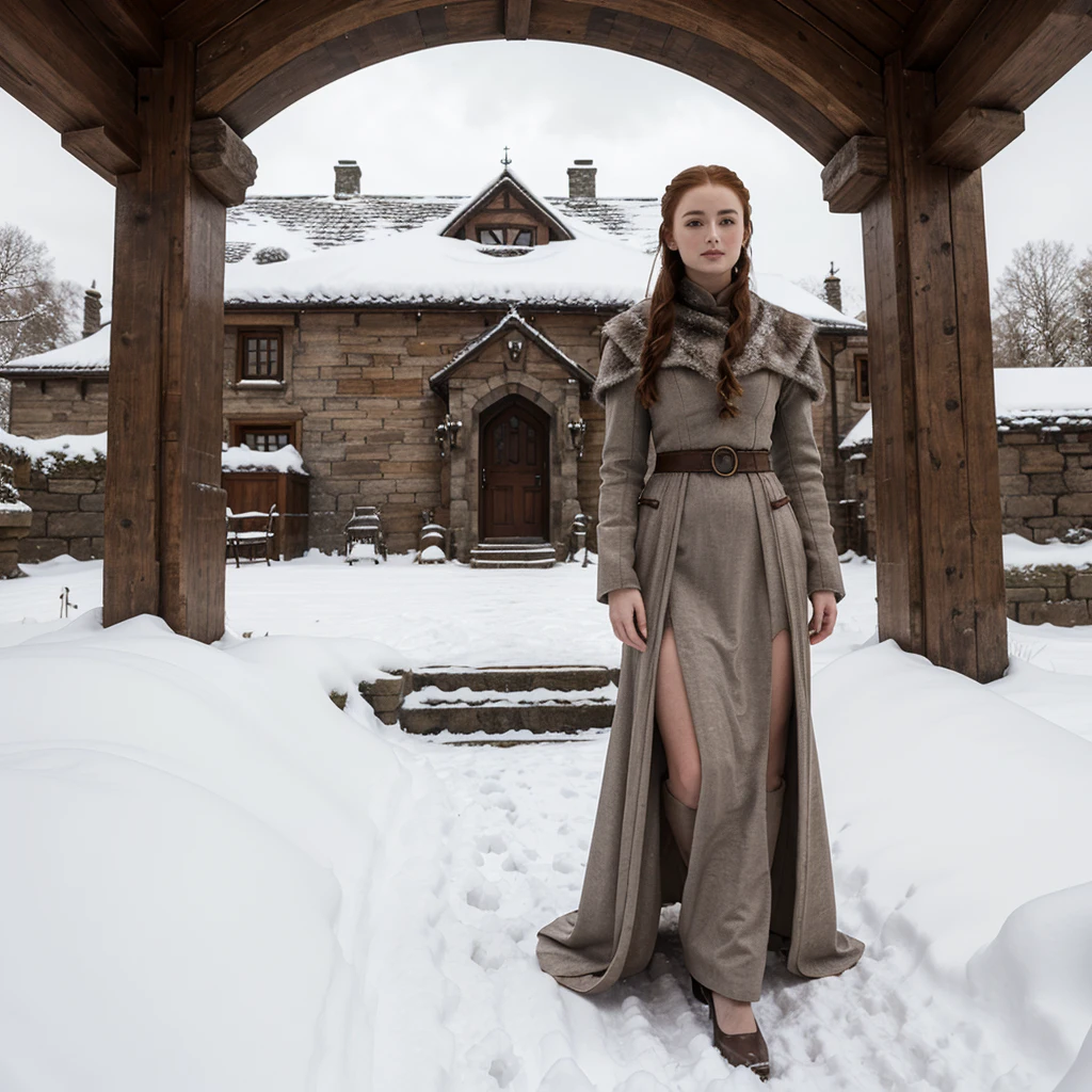 generated a full body of a 21 years old young white woman with dark brown hair, posing in the Castle of Winterfell from the TV show "Game of Thrones." The setting should include the distinctive architectural elements of Winterfell, such as its stone walls, ancient wooden doors, and snowy surroundings. The model should be wearing the Lady's suit that Sophie Turner (Sansa Stark) wore during Season 7 of the show. This outfit includes a long, dark, elegant gown with intricate detailing and fur accents. The model's pose should be regal and confident, capturing the essence of a noble lady in the North
