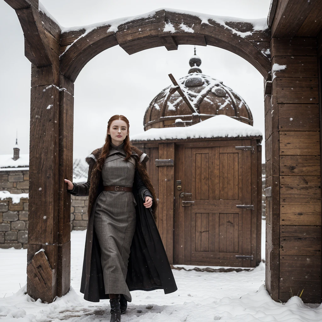 generated a full body of a 21 years old young white woman with dark brown hair, posing in the Castle of Winterfell from the TV show "Game of Thrones." The setting should include the distinctive architectural elements of Winterfell, such as its stone walls, ancient wooden doors, and snowy surroundings. The model should be wearing the Lady's suit that Sophie Turner (Sansa Stark) wore during Season 7 of the show. This outfit includes a long, dark, elegant gown with intricate detailing and fur accents. The model's pose should be regal and confident, capturing the essence of a noble lady in the North