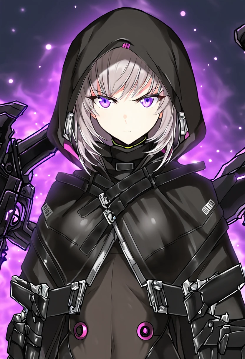 absurdres, by famous artist, exquisite, cowboy shot, hood, jacket, body suit, black clothes, black wear, weapon,(((purple eyes))), masterpiece, super fine illustration, ultra high res, masterwork, best quality, cg unity 8k wallpaper, official art, ultra detailed, finely quality eyes, accurate face parts, perfect face, perfect eyes, ultra detailed beautiful face, ultra detailed beautiful eyes, light eyes, even eyes, clear eyes, symmetrical eyes, (((breasts))), gleaming skin, oil skin, shiny skin, (((black pantyhose, black tights))), beautiful and aesthetic, High quality, extremely detailed, extremely detailed cg unity 8k wallpaper, super detailed skin, hdr, highers, extremely detailed beautiful face, 16k, finely detail, Amazing, top quality, distinct image, vibrant details, professional art, finely detailed face, a face of perfect proportion, high detailed face, beautiful, extremely detailed beautiful girl, ultra detailed beautiful girls, absolutely resolution, illustration, increase cinematic lighting quality,