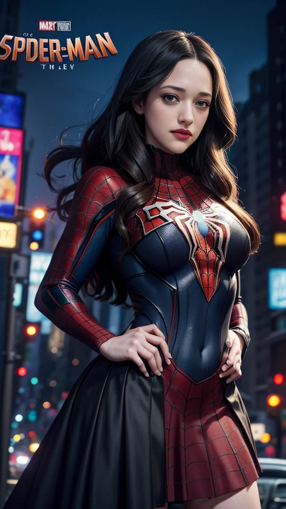 Kat Dennings、マーベルコミックの映画Poster、so beautiful、Movies about Spider-Man、sexy、whole body、Wearing a skirt、Premiere Date、Poster、belly buttonを突き出す、new york、She&#39;s wearing a ripped Spiderman suit、The suit is torn、Wearing a skirt、Red and black color scheme、dynamic、masterpiece、Highest quality、Super detailed、Very detailed、Delicate and beautiful shine、Ultra-high resolution、Cinematic、break、breakドロップ、(Torn clothes:1.5)、(Wet clothes:1.4)、Bare shoulders、Real Rain、Wet Hair、belly button、Exposed Skin、sexyな肩を披露