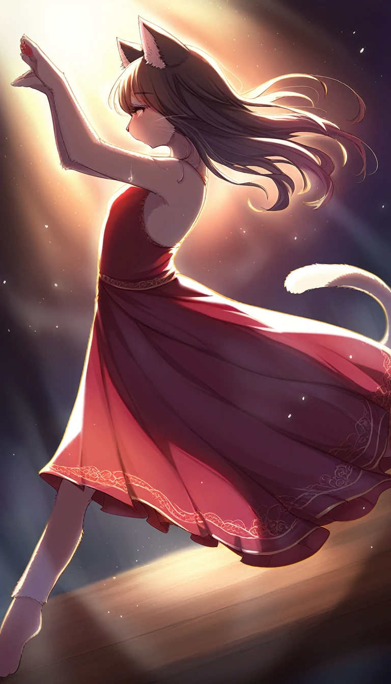 ((Masterpiece)), ((Best Quality)), (Very Detailed), ((Very Detailed)), 4K, (8K), very aesthetic, absurdres highres, 1 girl, (anthropomorphic cat, furry, kemono:1.5), A passionate flamenco dancer in a red dress dances dynamically on the stage, sweating. A strong spotlight shines on the dark background, revealing the silhouettes of the audience. Warm colors and dramatic shadows enhance the dancer's power and tension. The hem of the dress is fluttering and the dancers' expressions are full of concentration and passion