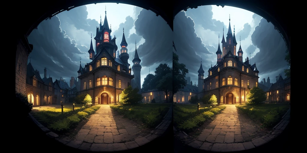 Equirectangular 360-degree panorama view photo with left and right ends seamlessly connected. ((first person view)), ((darkness)), fantasy, castle