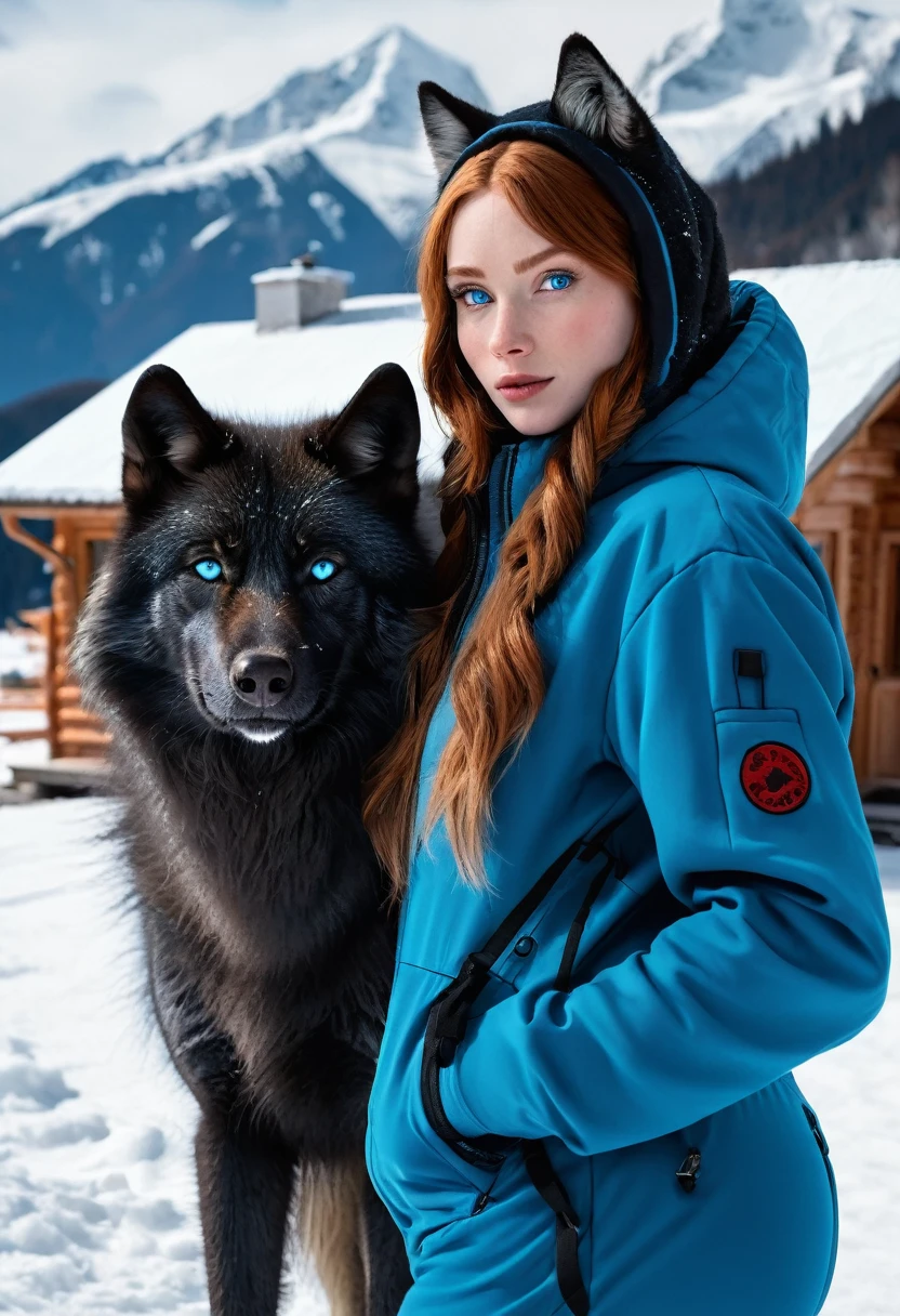 redhead in a snow suit and a black wolf with blue eyes next to her, with the background of frozen mountains and next to a small destroyed chalet