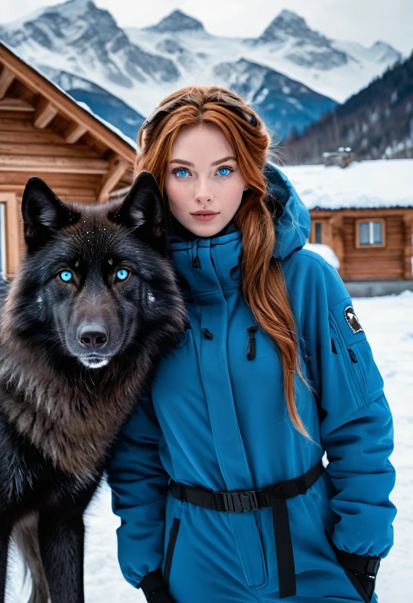 redhead in a snow suit and a black wolf with blue eyes next to her, with the background of frozen mountains and next to a small destroyed chalet