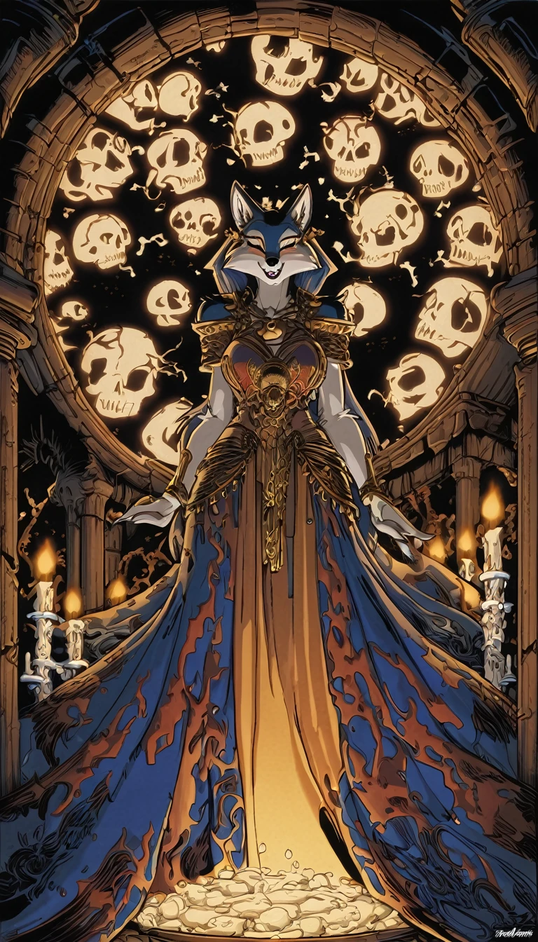 Visualize a (((beautiful kemono wolf goddess))), 1girl, with flowing, luxuriously soft fur and exquisite opulence dress designed by (((Todd McFarlane)), featuring intricate skulls and bones in a (((McFarlane-esque fashion))), embodying an epic adventure in an ancient, magic-filled dungeon that is ominously advanced and inspired by Todd McFarlane's art. Detailed silhouettes and advanced lighting techniques bring every intricate detail
