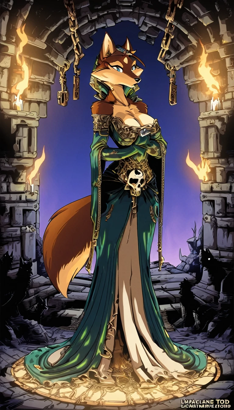 Visualize a (((beautiful kemono wolf goddess))), 1girl, with flowing, luxuriously soft fur and exquisite opulence dress designed by (((Todd McFarlane)), featuring intricate skulls and bones in a (((McFarlane-esque fashion))), embodying an epic adventure in an ancient, magic-filled dungeon that is ominously advanced and inspired by Todd McFarlane's art. Detailed silhouettes and advanced lighting techniques bring every intricate detail