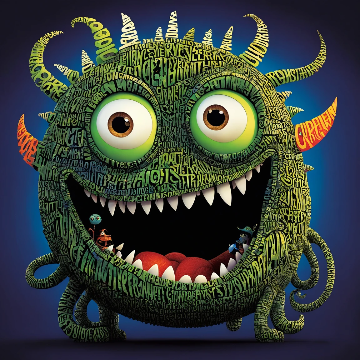 Typography_artistry, Text in english,cartistryoon monster, cute, eyes large, big mouth, artistry by gediminas pranckevicius and Alexander Jansson, pixar, centred, dramatic lighting, shine light, simple solid background, no back ground, face detailed, cinematic, illustration, No Gradient, trend in a