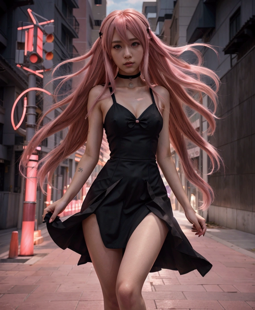 anime girl with pink hair walking in a city street, human anime girl, anime girl, anime styled digital art, stylized urban fantasy artwork, mirai nikki, inspired by Jin Homura, anime girl wearing a black dress, epic anime style, in style of artgerm, advanced digital anime art ”, anime style artwork, anime style 4 k, anime in fantasy style