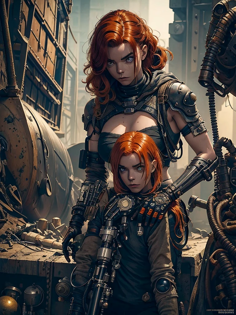 (((mulher))), (((melhor qualidade))), (((obra prima))), (((adulto))), A highly detailed and realistic skull girl,( Anya. Taylor Joy) cyberpunk character, mad max furiosa, one hand robot, cyborg arm, orange hair, dramatic metal heavy rock theme, best quality, 8k, hyperrealistic, photorealistic, extreme detailed painting, studio lighting, vivid colors, dark moody atmosphere, cinematic, dramatic pose, intricate mechanical details, glowing energy effects, intense gritty textures, seamless integration of organic and inorganic elements. Wearing the used clothes of a wastelander. Background: An apocalyptic wasteland. Dusty and depressing.