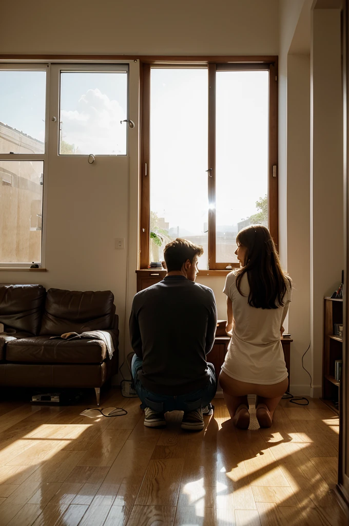 Illustration of a man and woman sitting in profile in a living room with the sun coming through the window, joining back to back. With a sad face and looking down