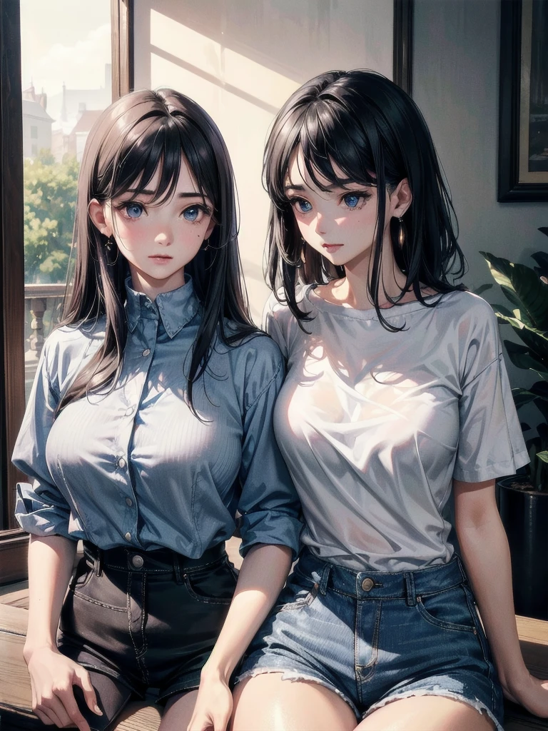 absurdres, RAW photo, extremely delicate and beautiful, masterpiece, Best Quality, ultra high resolution, 32k, hyperrealistic, ultra-detailed, perfect , super Detailed skin, perfect figure, Super Beauty, Perfect Style, Perfect balance, Beautiful Lighting, Perfect Lightning, Realistic Shadows, 20 years old, very Slim body, narrow waist, very small head, very small face, delicate facial features, handsome detailed woman, very detailed eyes and face, realistic face proportions, Realistic beautiful face, Realistic beautiful eyes, tearful mole, earring, very huge round , legs, medium hair, asymmetrical hair, whole body shot, indoor, yuri, 2 girls, plain white shirt, denim shorts,