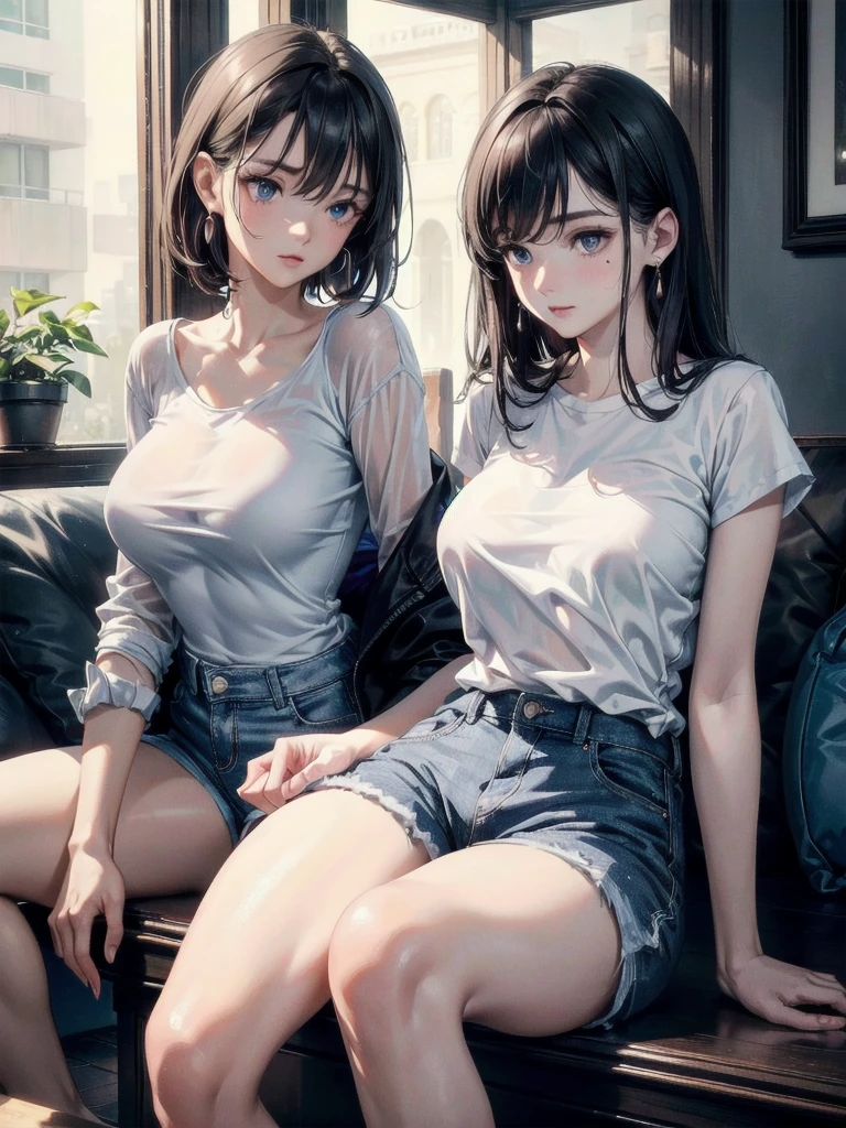 absurdres, RAW photo, extremely delicate and beautiful, masterpiece, Best Quality, ultra high resolution, 32k, hyperrealistic, ultra-detailed, perfect anatomy, super Detailed skin, perfect figure, Super Beauty, Perfect Style, Perfect balance, Beautiful Lighting, Perfect Lightning, Realistic Shadows, 20 years old, very Slim body, narrow waist, very small head, very small face, delicate facial features, handsome detailed woman, very detailed eyes and face, realistic face proportions, Realistic beautiful face, Realistic beautiful eyes, tearful mole, earring, very huge round breasts, legs, medium hair, asymmetrical hair, whole body shot, indoor, yuri, 2 girls, plain white shirt, denim shorts,