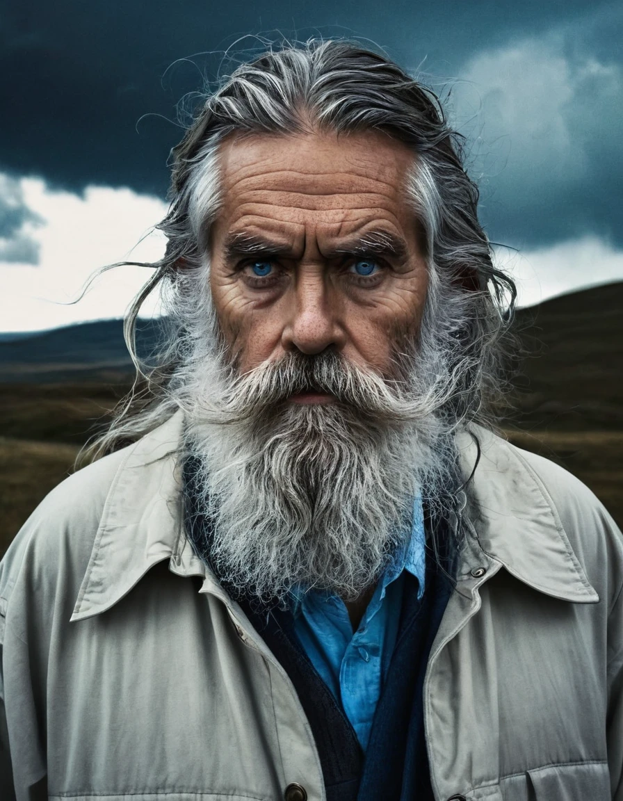 (1 old) medium long hair (offwhite) blue eye (in the middle of the storm (long clothes) serious and wise (bearded) 