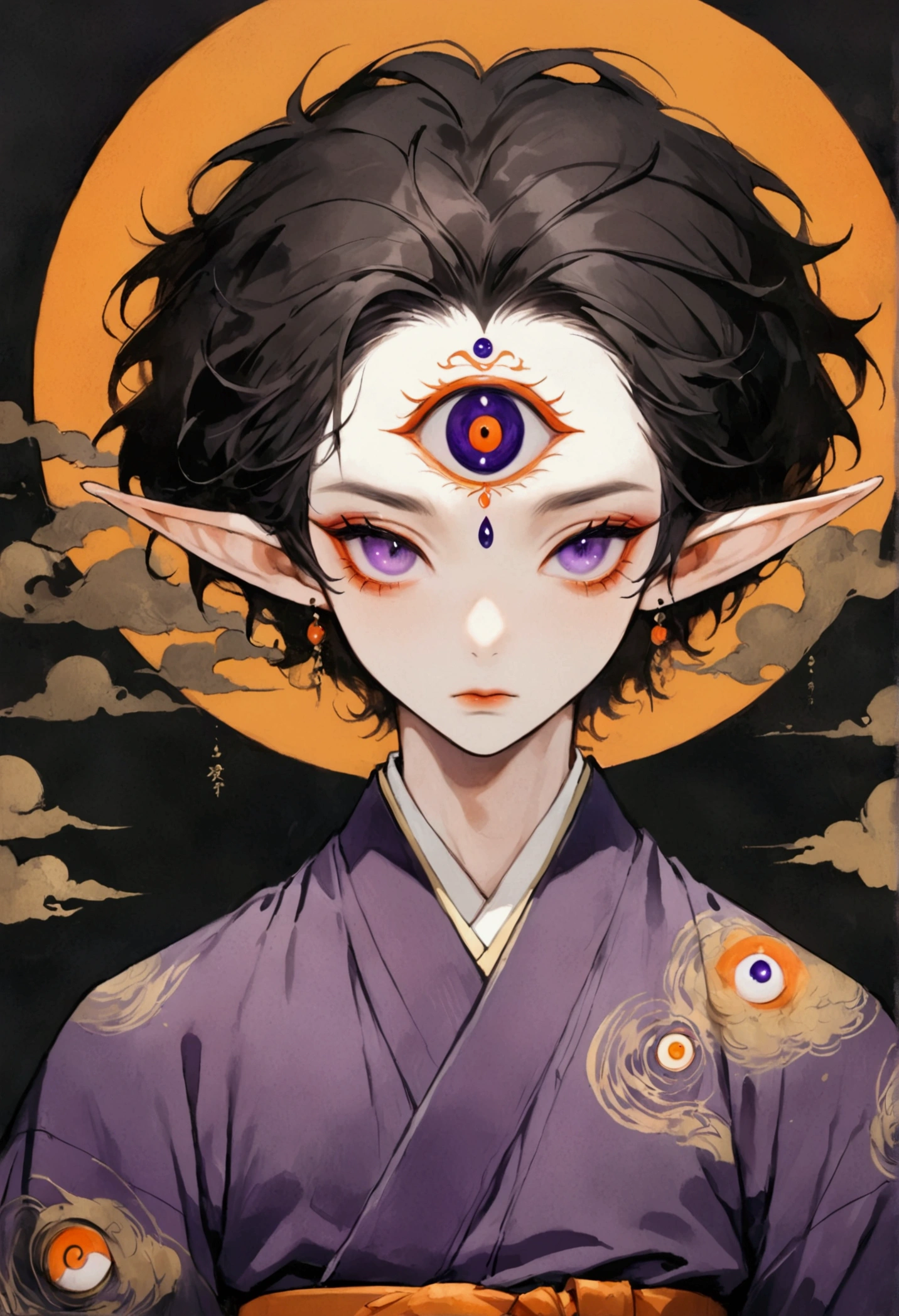Art Illustration,Dark Style,(((1 Boy,独奏,third eye on the forehead,Elf ears))),(((Gorgeous Japanese purple kimono:1.6,Eye Diagram,Dark Pattern))).(((Thin waist,Orange belt:1.37)))whole body,Death Stare Background。