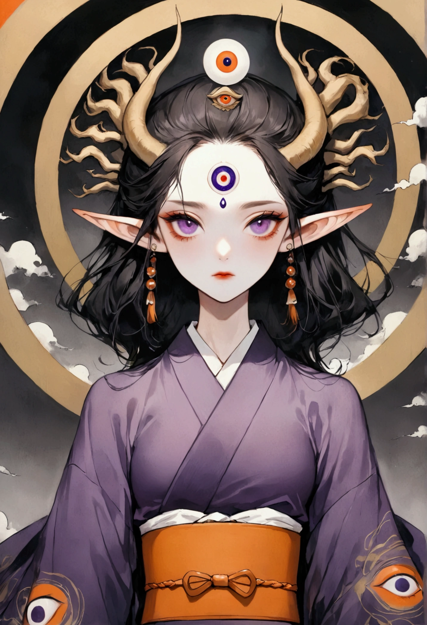 Art Illustration,Dark Style,(((1 Boy,独奏,third eye on the forehead,Elf ears))),(((Gorgeous Japanese purple kimono:1.6,Eye Diagram,Dark Pattern))).(((Thin waist,Orange belt:1.37)))whole body,Death Stare Background。