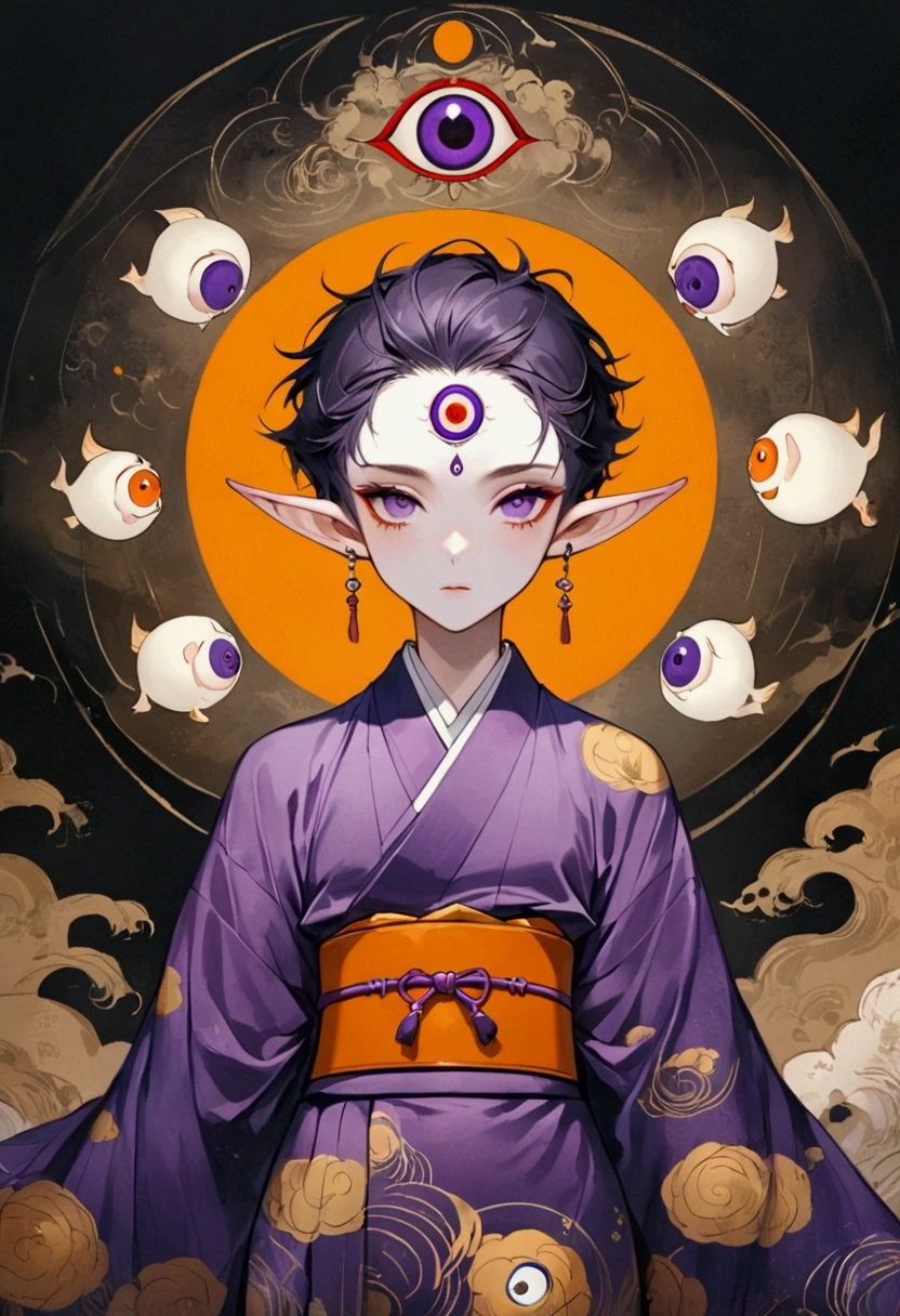 Art Illustration，Dark Style，(((1 Boy，独奏，third eye on the forehead，Elf ears))),(((Gorgeous Japanese purple kimono：1.6，Eye Diagram，Dark Pattern))).(((Thin waist，Orange belt：1.37)))whole body，Death Stare Background。