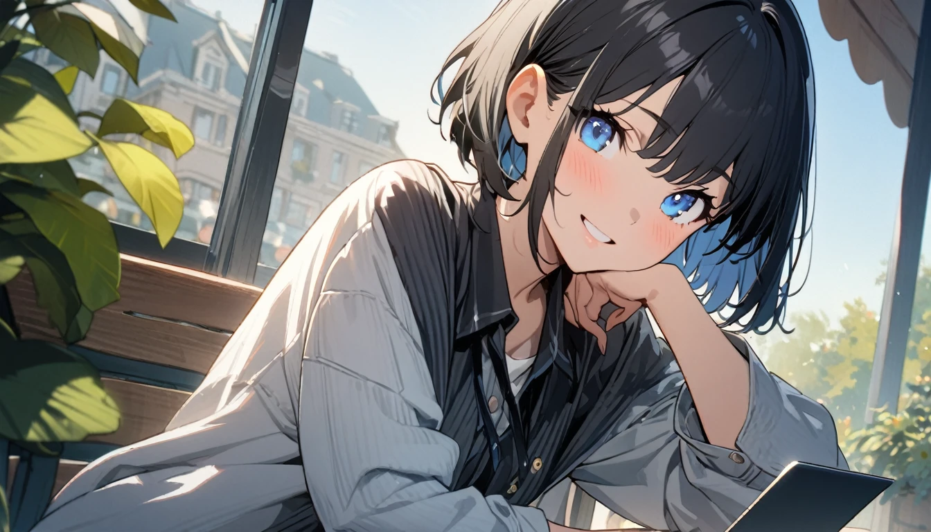 (1girl in),(beautiful blue eyes finely detailed、Face to detail、masterpiece sidelighting、masterpiece、top-quality、detaileds、High resolution illustration),Woman using laptop on the open terrace of a fashionable café、18year old、OL、Everyday clothes、A smile、frontage、The upper part of the body、black hair、Short bob hair、The upper part of the body、