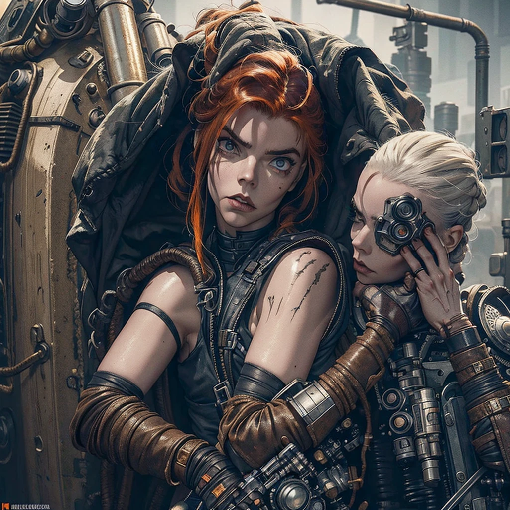 (((mulher))), (((melhor qualidade))), (((obra prima))), (((adulto))), A highly detailed and realistic skull girl,( Anya. Taylor Joy) cyberpunk character, mad max furiosa, one hand robot, cyborg arm, orange hair, dramatic metal heavy rock theme, best quality, 8k, hyperrealistic, photorealistic, extreme detailed painting, studio lighting, vivid colors, dark moody atmosphere, cinematic, dramatic pose, intricate mechanical details, glowing energy effects, intense gritty textures, seamless integration of organic and inorganic elements. Wearing the used clothes of a wastelander. Background: An apocalyptic wasteland. Dusty and depressing.
