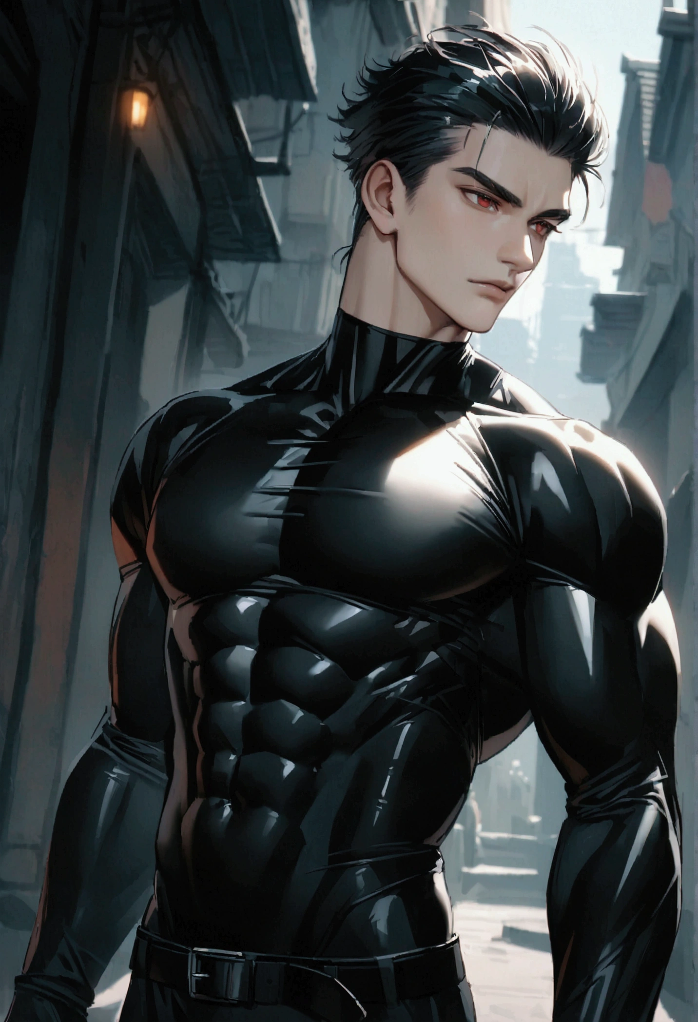 masculine man, tall, muscular, long-sleeved sports shirt made of black lycra, short black hair combed back and red eyes, black belt and black gloves, slim, 24 years old