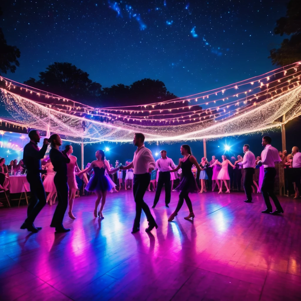 An open-air dance floor, illuminated by soft, colorful lights, with neon lights, a night sky full of bright stars, with the moon illuminating the scene. The stars should be a little out of focus to give a glow and magic effect, People dancing freely, dark blue tones of the night sky contrasting with neon lights in pink, purple and light blue, Small reflections of light on the dancers' clothes and on the floor from the dance floor, suggesting movement and vivacity