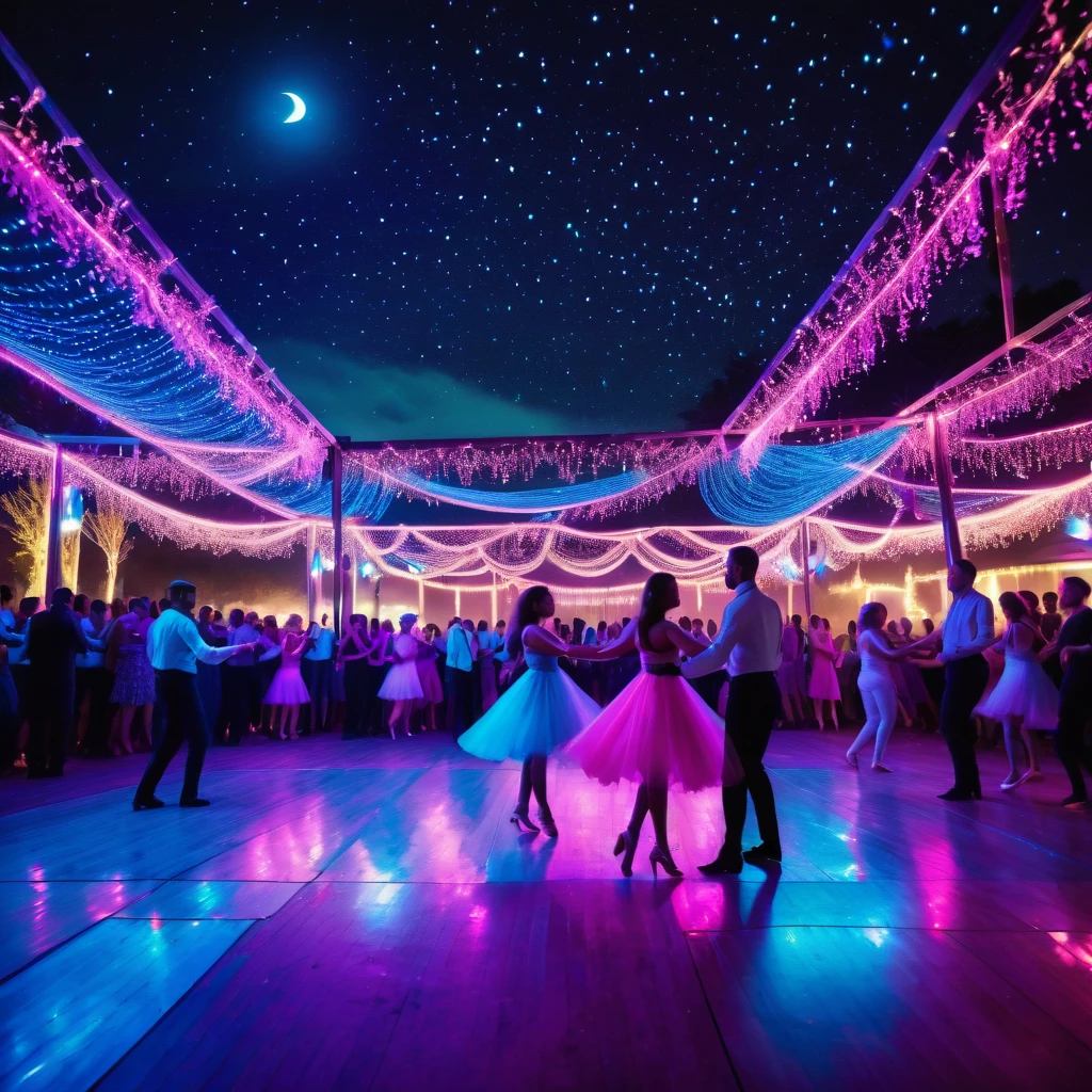 An open-air dance floor, illuminated by soft, colorful lights, with neon lights, a night sky full of bright stars, with the moon illuminating the scene. The stars should be a little out of focus to give a glow and magic effect, People dancing freely, dark blue tones of the night sky contrasting with neon lights in pink, purple and light blue, Small reflections of light on the dancers' clothes and on the floor from the dance floor, suggesting movement and vivacity