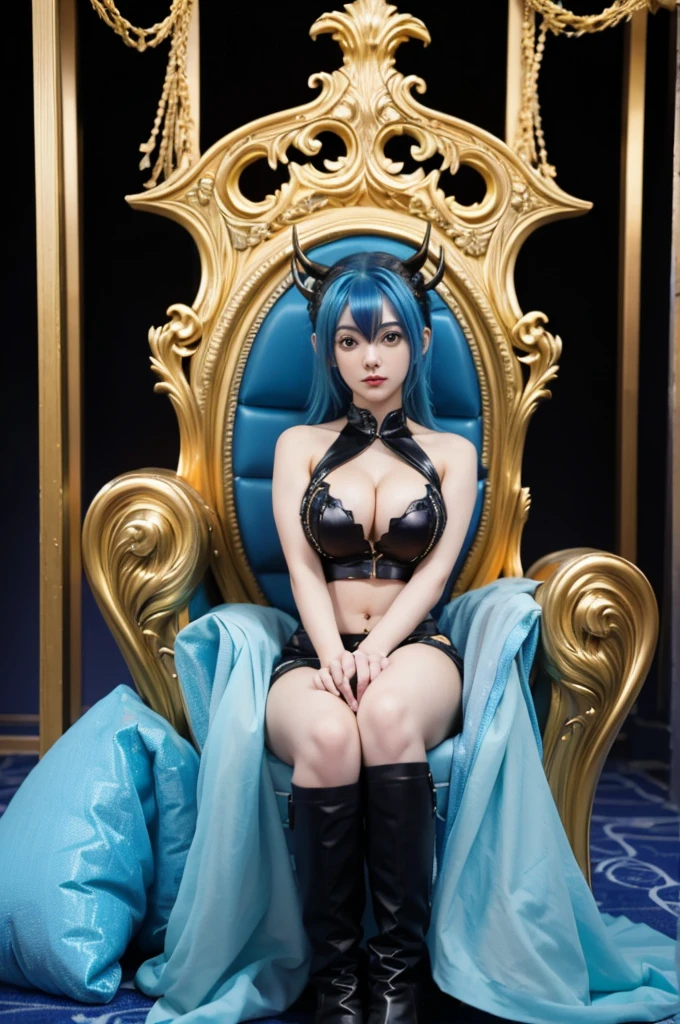 Xenovia Quarta blue hair, black horns on the head, Xenovia Quarta hair style, large breasts demon princess, demon background, sittting on a throne in a king hall looking at the viewer, dark brown and yellow eyes, 