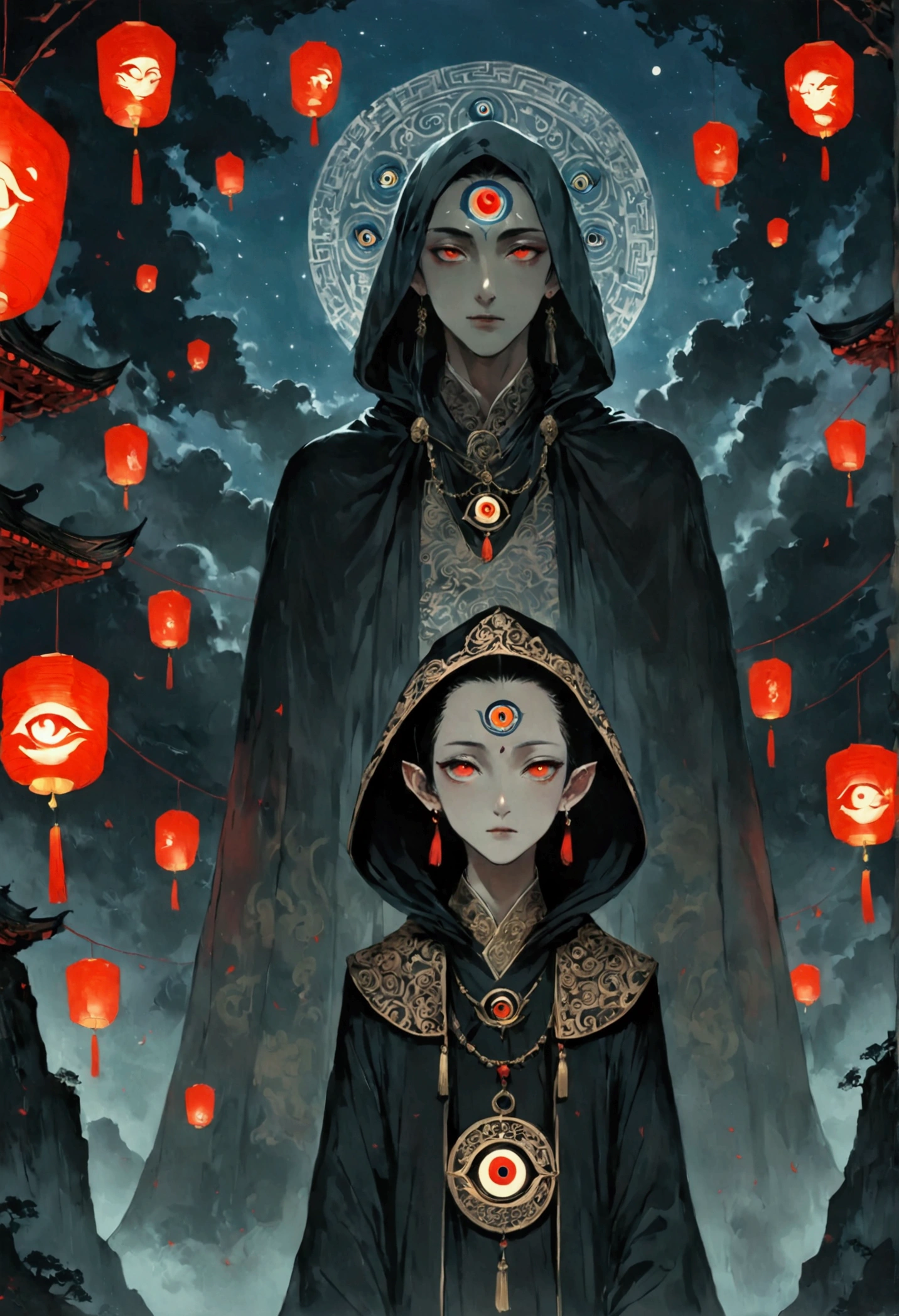 Art Illustration，Dark Style，(((1 Boy，独奏，third eye on the forehead，))),(((Hooded Cape：1.6，Eye Diagram，Dark Pattern))).whole body，Paper lanterns in the sky，Kongming Lantern，Death Stare。，moonlight