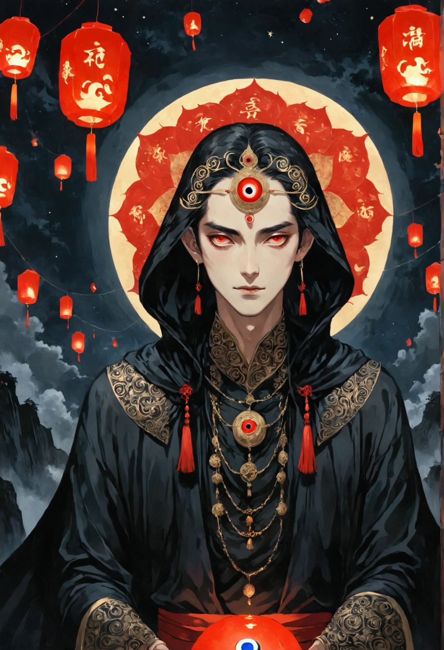 Art Illustration,Dark Style,(((1 Boy,独奏,third eye on the forehead,))),(((Hooded Cape:1.6,Eye Diagram,Dark Pattern))).whole body,Paper lanterns in the sky,Kongming Lantern,Death Stare。,moonlight