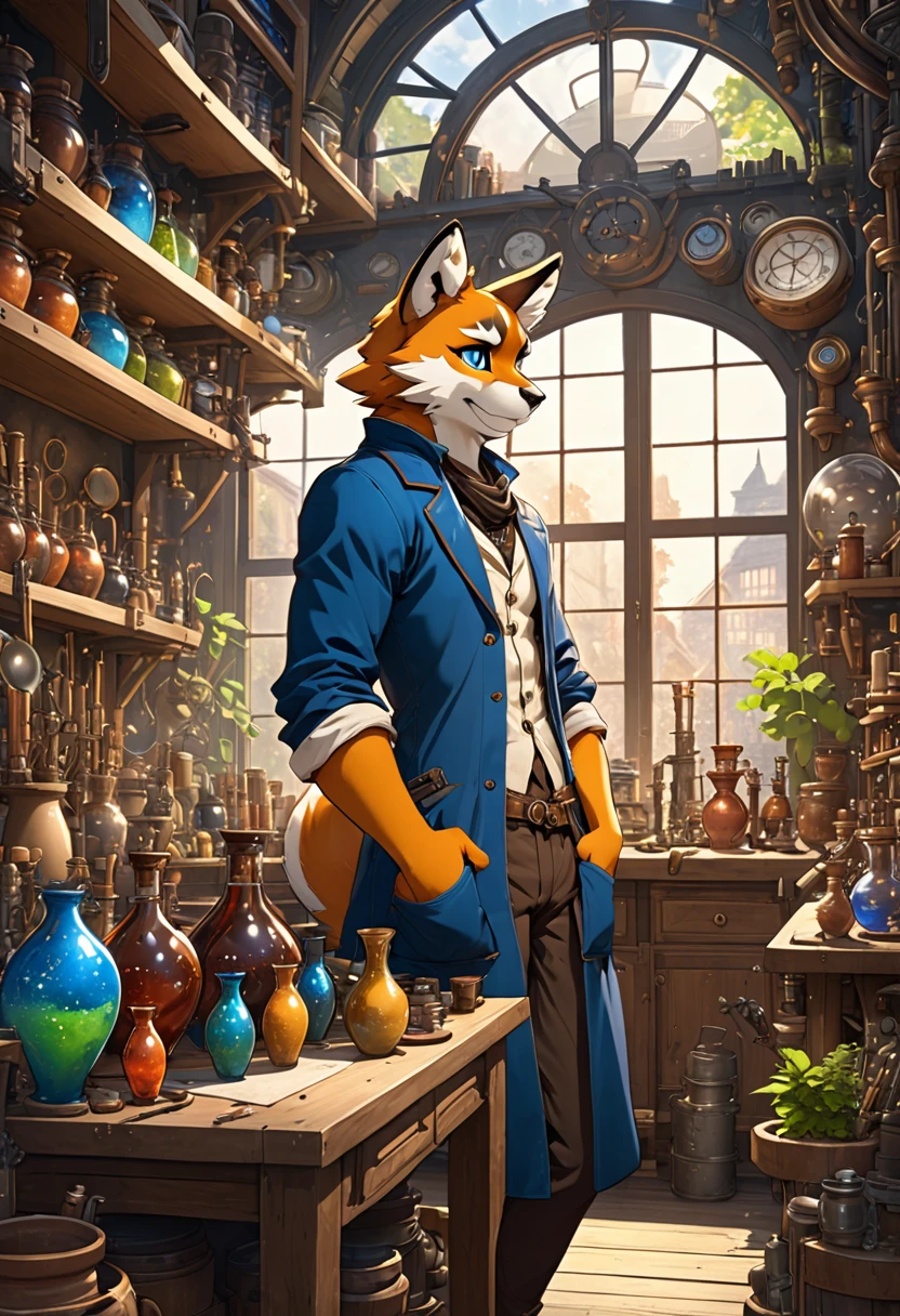 cover page, highres, top quality, best quality, paid reward available, unparalleled masterpiece, perfect artwork, absurdres, High-quality illustrations, super high resolution, detailed background, perfect anatomy(1boy, solo, kemono, furry anthro, alchemist, Experimenting)many pottery, in room with many windows, in cluttered lab, in steampunk laboratory, fantasy alchemist laboratory, weapon shop interior, cinematic lighting,