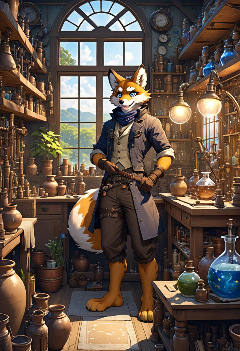 cover page, highres, top quality, best quality, paid reward available, unparalleled masterpiece, perfect artwork, absurdres, High-quality illustrations, super high resolution, detailed background, perfect anatomy(1boy, solo, kemono, furry anthro, alchemist, Experimenting)many pottery, in room with many windows, in cluttered lab, in steampunk laboratory, fantasy alchemist laboratory, weapon shop interior, cinematic lighting,