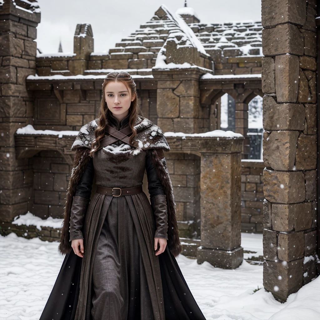 generated a full body of a 21 years old young white woman with dark brown hair, posing in the Castle of Winterfell from the TV show "Game of Thrones." The setting should include the distinctive architectural elements of Winterfell, such as its stone walls, ancient wooden doors, and snowy surroundings. The model should be wearing the Lady's suit that Sansa Stark wore during Season 7 of the show. This outfit includes a long, dark, elegant gown with intricate detailing and fur accents. The model's pose should be regal and confident, capturing the essence of a noble lady in the North