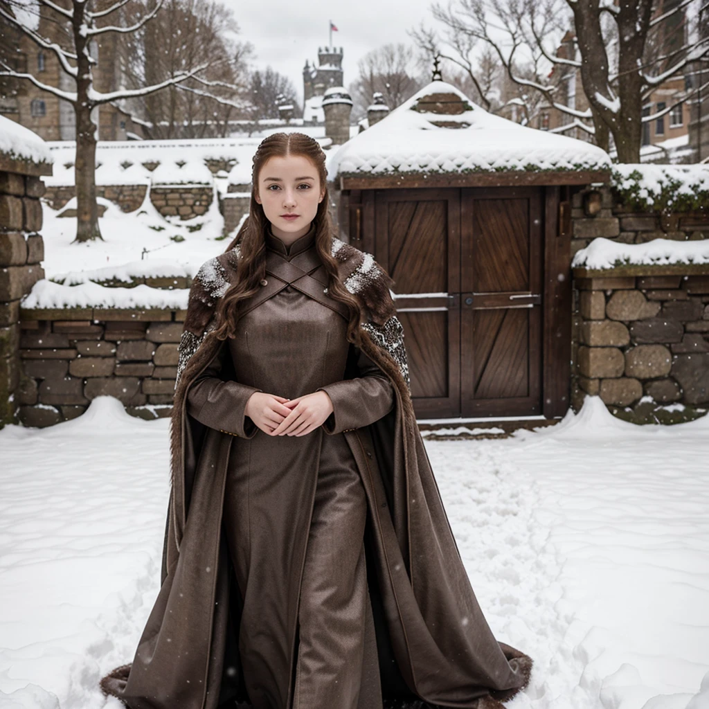 generated a full body of a 21 years old young white woman with dark brown hair, posing in the Castle of Winterfell from the TV show "Game of Thrones." The setting should include the distinctive architectural elements of Winterfell, such as its stone walls, ancient wooden doors, and snowy surroundings. The model should be wearing the Lady's suit that Sansa Stark wore during Season 7 of the show. This outfit includes a long, dark, elegant gown with intricate detailing and fur accents. The model's pose should be regal and confident, capturing the essence of a noble lady in the North
