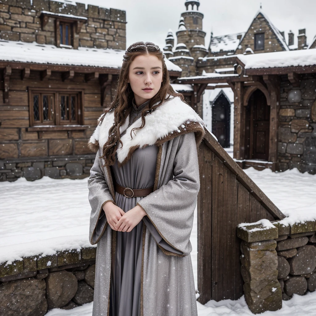 generated a full body of a 21 years old young white woman with dark brown hair, posing in the Castle of Winterfell from the TV show "Game of Thrones." The setting should include the distinctive architectural elements of Winterfell, such as its stone walls, ancient wooden doors, and snowy surroundings. The model should be wearing the Lady's suit that Sansa Stark wore during Season 7 of the show. This outfit includes a long, dark, elegant gown with intricate detailing and fur accents. The model's pose should be regal and confident, capturing the essence of a noble lady in the North